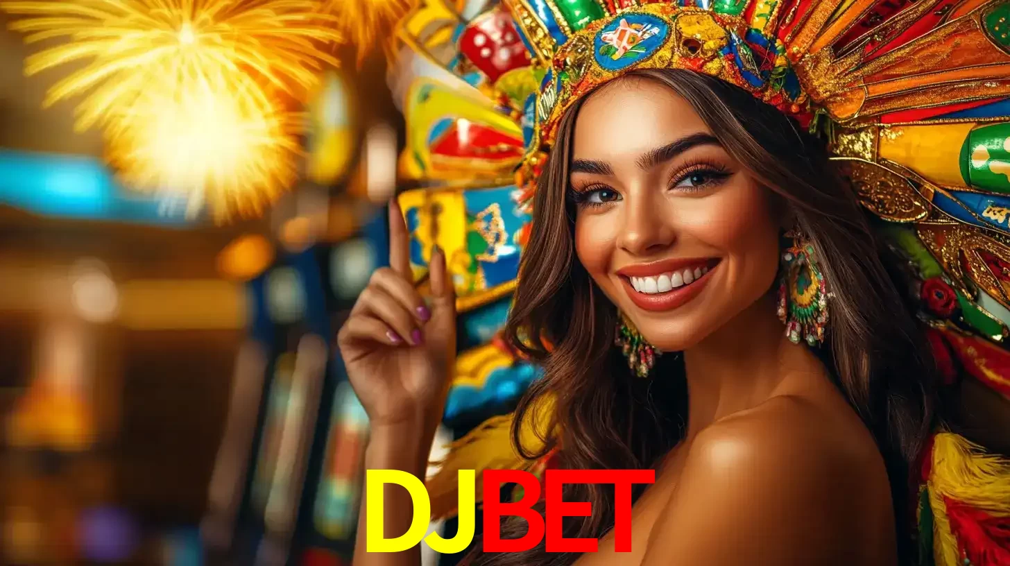 Mulher sorridente com um cocar de carnaval vibrante e colorido, celebrando uma grande vitória nos jogos do cassino DJBET com fogos de artifício ao fundo.