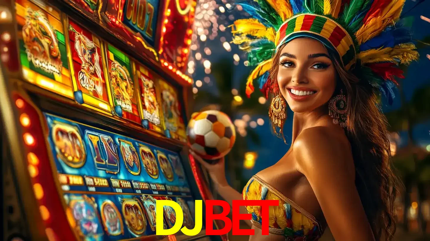 Mulher com um cocar de carnaval ao lado de uma máquina de caça-níqueis enquanto segura uma bola de futebol, mostrando a união da diversão de cassino e esportes no DJBET.