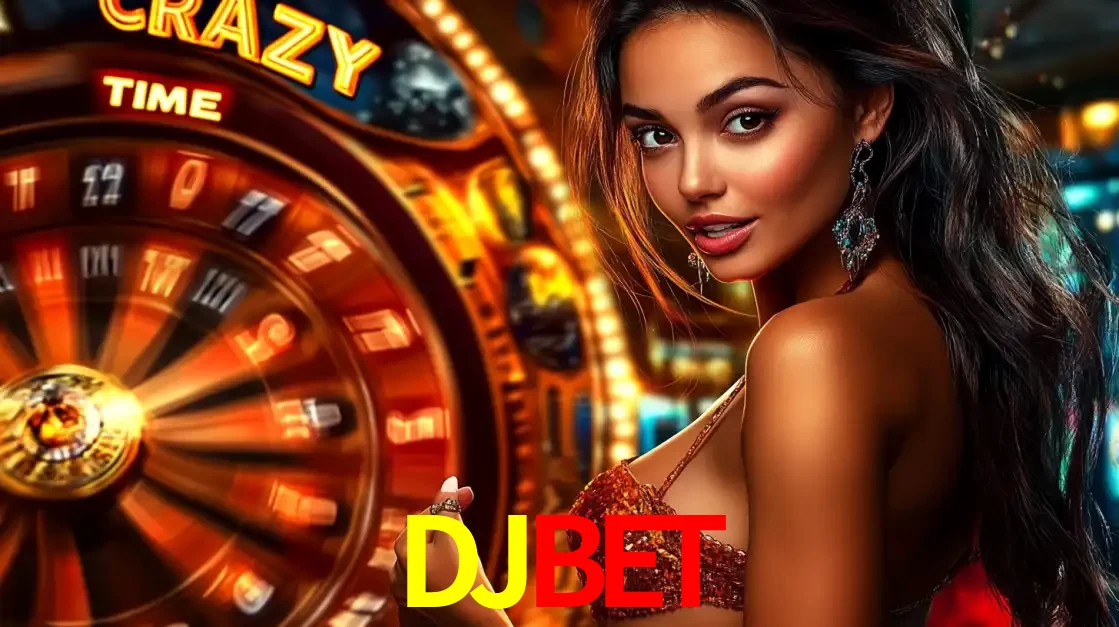 Mulher ao lado da roda de prêmios do jogo de cassino ao vivo Crazy Time, um dos shows de jogos mais emocionantes oferecidos pela plataforma de apostas DJBET.