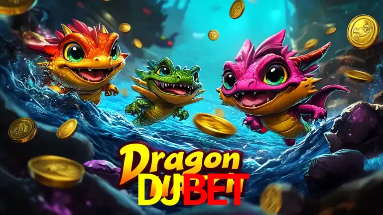 Arte promocional do jogo Dragon Hatch com três adoráveis dragões bebês nadando entre moedas de ouro, um dos slots mais divertidos para jogar no cassino DJBET.