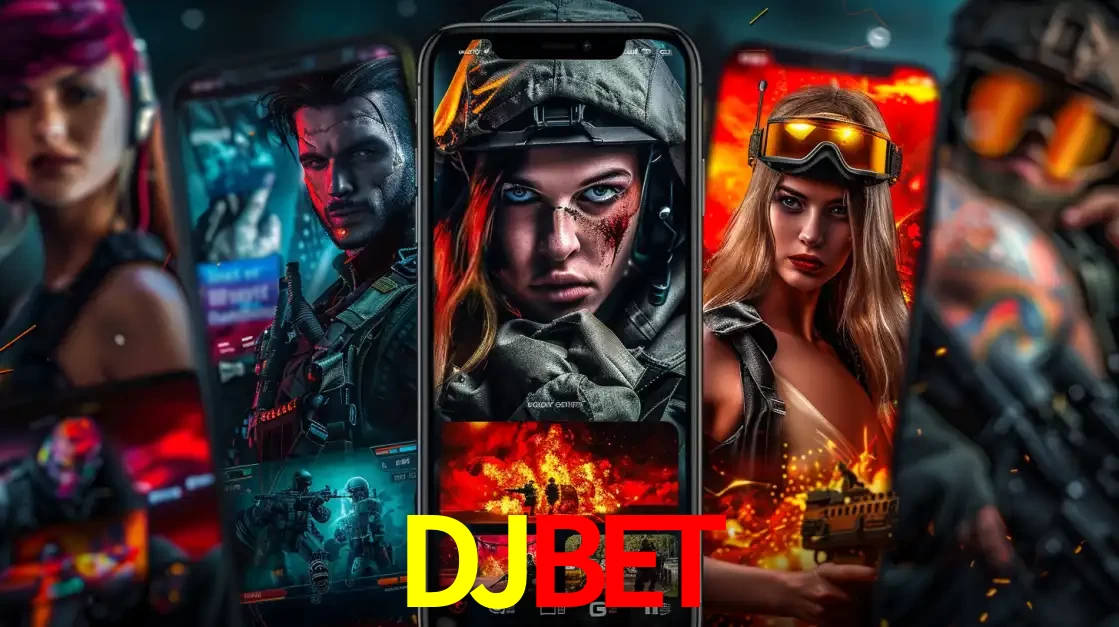 Montagem de telas de celular mostrando diversos personagens, masculinos e femininos, de um jogo de tiro, ilustrando a diversidade de equipes de e-sports para apostar no DJBET.