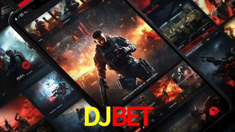 Tela de um celular exibindo uma galeria de jogos de tiro com temática militar, mostrando a variedade de e-sports disponíveis para apostas na plataforma de entretenimento DJBET.