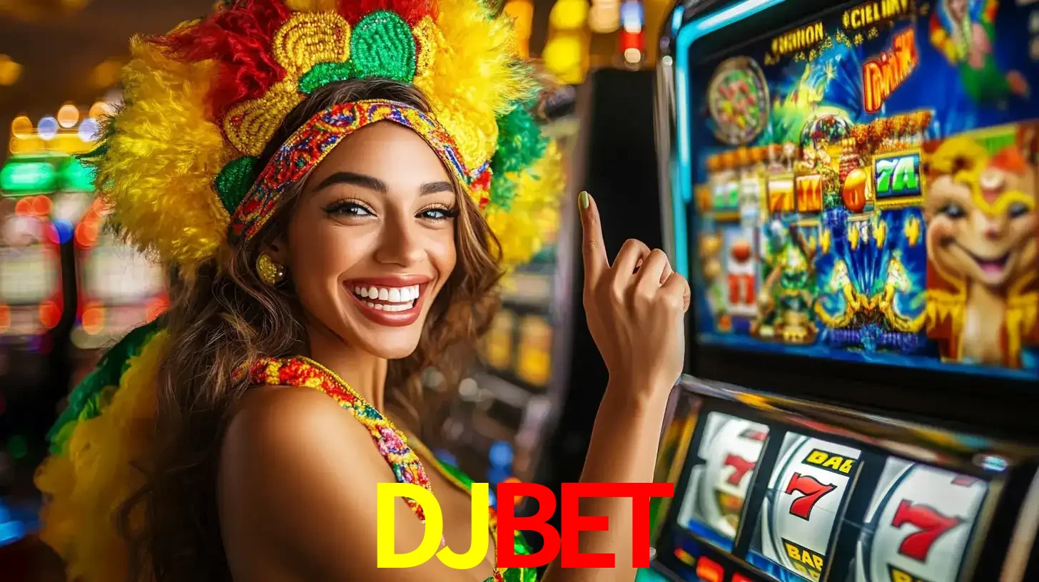 Mulher animada com um cocar de carnaval apontando para uma máquina de caça-níqueis, mostrando a emoção de ganhar um grande prêmio nos jogos do DJBET.