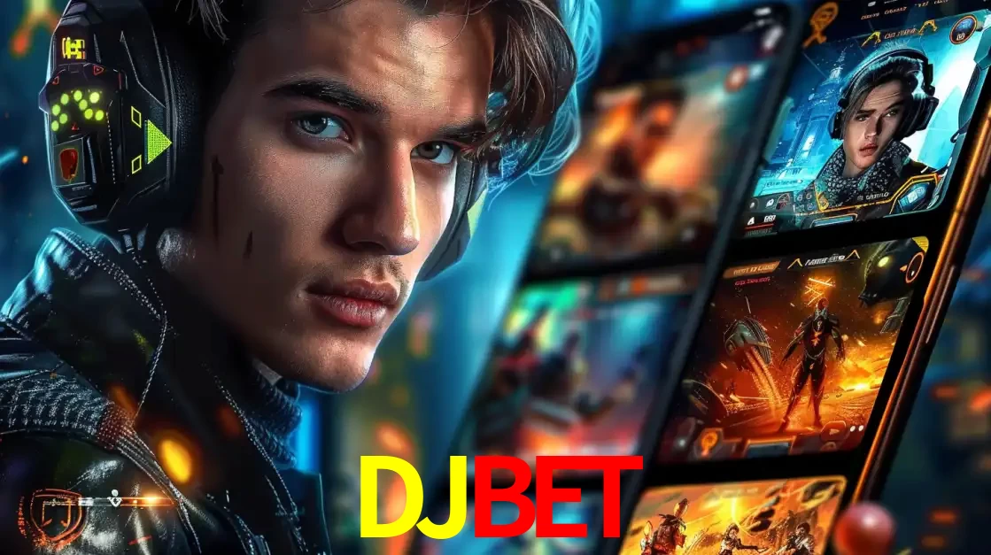 Jovem jogador com fones de ouvido olhando para a câmera, com um aplicativo de jogos e e-sports para celular ao fundo, pronto para a competição e apostas no DJBET.