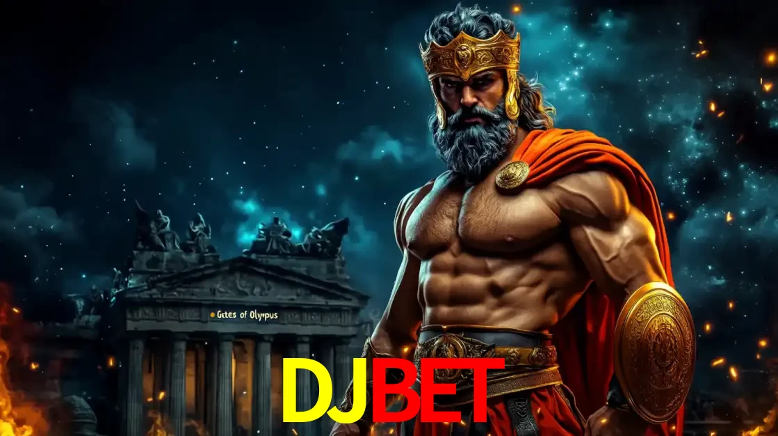 O poderoso Zeus do jogo de slot Gates of Olympus em frente ao seu templo, pronto para lançar multiplicadores divinos e prêmios épicos no cassino online DJBET.