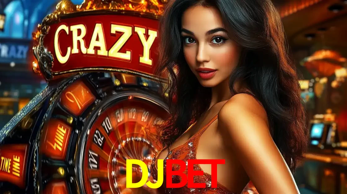 Mulher glamourosa olhando para a câmera com a roda vermelha do Crazy Time ao fundo em um ambiente de cassino, destacando a emoção dos jogos ao vivo no DJBET.