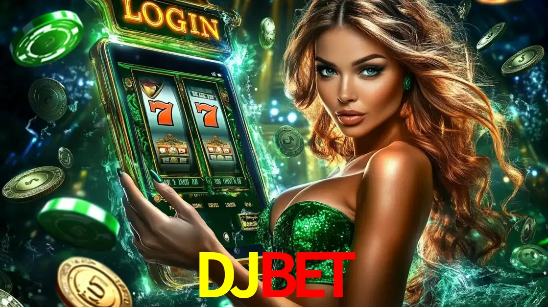 Mulher com tema verde apresentando o aplicativo do cassino DJBET com um jogo de slot de 777, cercada por fichas de cassino e uma aura de sorte.
