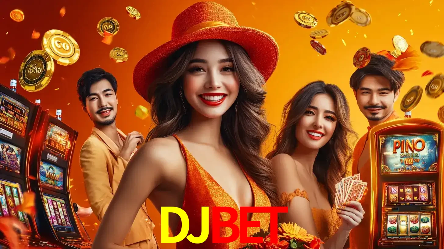 Grupo de amigos asiáticos sorrindo e se divertindo com máquinas de caça-níqueis em um ambiente festivo, celebrando suas vitórias nos jogos de cassino do DJBET.
