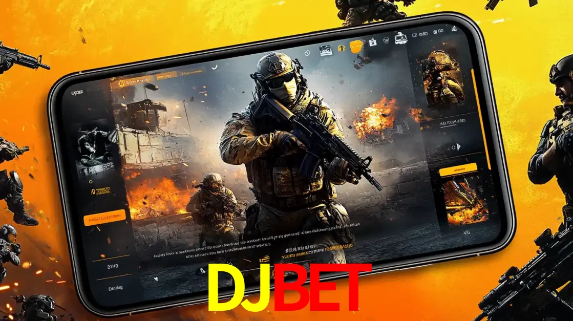 Um smartphone exibindo a interface de um jogo de tiro em primeira pessoa, com um soldado em um cenário de batalha, representando a ação dos e-sports para apostar no DJBET.