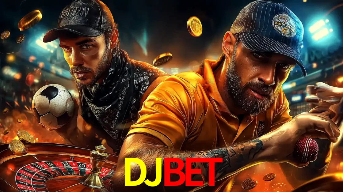 Montagem de apostas esportivas e cassino no DJBET, com um homem segurando uma bola de futebol e outro uma de beisebol sobre uma roleta e moedas voadoras.