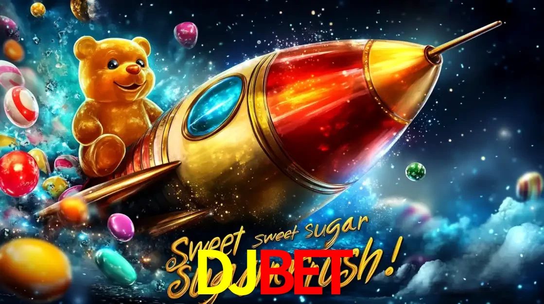 Arte promocional do jogo de slot Sugar Rush, com um urso de pelúcia em um foguete viajando pelo espaço de doces, um dos jogos divertidos disponíveis no cassino DJBET.