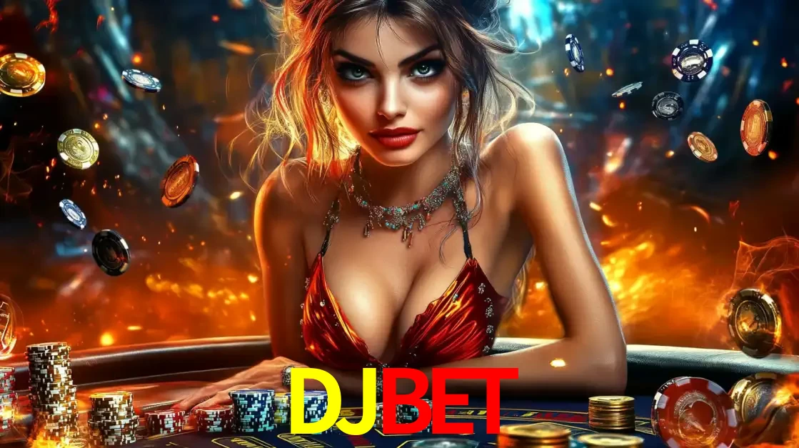 Mulher em uma mesa de cassino com pilhas de fichas e um fundo de fogo, pronta para uma rodada de altas apostas nos jogos de mesa emocionantes do cassino DJBET.