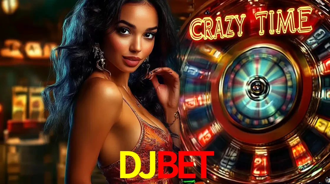 Mulher elegante ao lado da vibrante roda da fortuna do jogo de cassino ao vivo Crazy Time, um dos game shows mais populares e cheios de prêmios do DJBET.