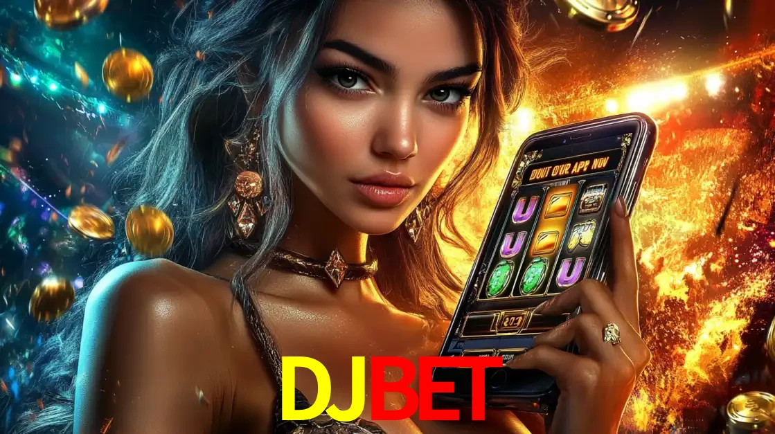 Mulher elegante mostrando um jogo de caça-níqueis em seu smartphone, destacando a experiência de cassino móvel oferecida pelo aplicativo DJBET.