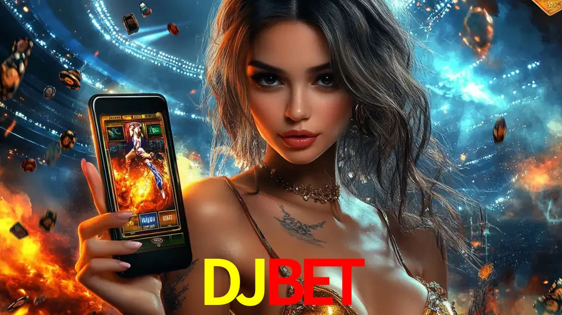Mulher segurando um celular com um jogo de slot em destaque, tendo como fundo um estádio vibrante, simbolizando a emoção de jogar no cassino móvel DJBET.