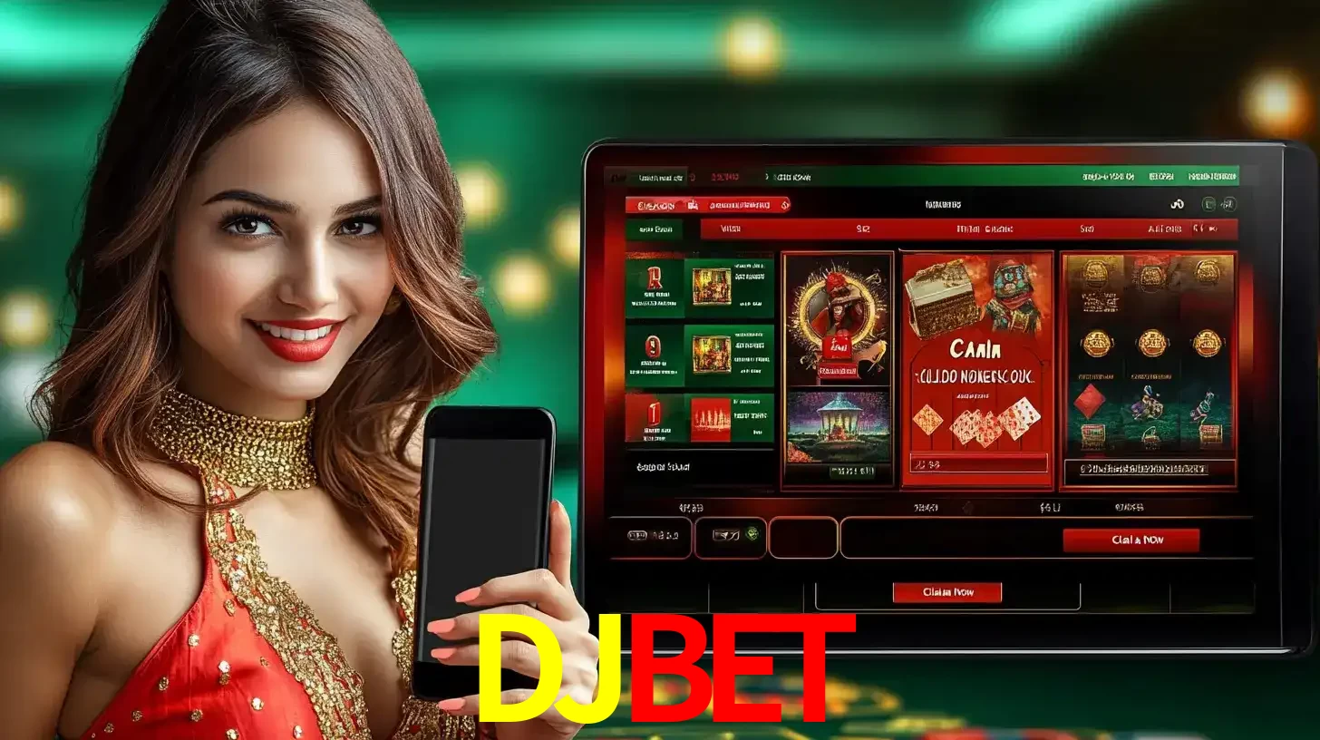Mulher sorridente segurando um smartphone, ao lado de uma tela exibindo o lobby de jogos do cassino online DJBET, com várias opções de jogos de cartas e slots.